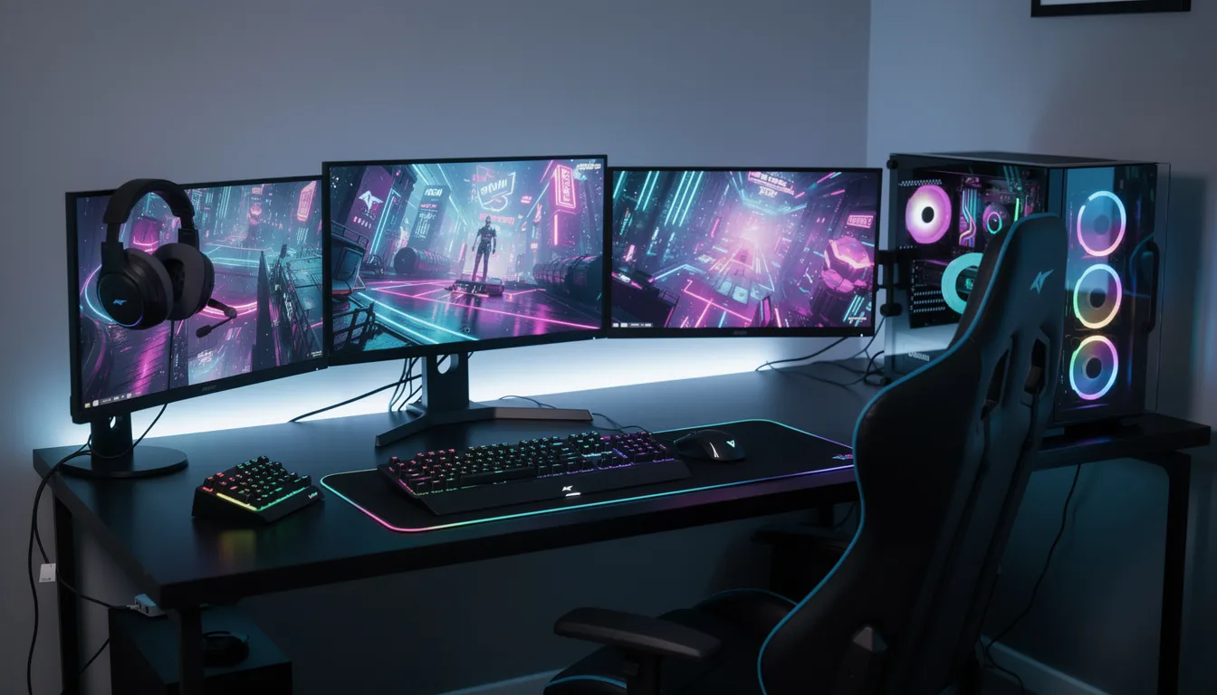 L'immagine mostra un setup gaming professionale con monitor multipli e varie periferiche da gioco, ideale per seguire tornei di esports come Dota 2 e League of Legends. Questo ambiente è perfetto per gli appassionati di videogiochi e scommesse sugli esports, offrendo un'esperienza immersiva e competitiva.