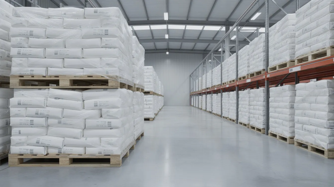947d50e1 7fc9 458c a4f3 e77d7578aaa0 The image depicts neatly stacked pallets of packaged wheat flour bags inside a clean warehouse, with wide aisles allowing for easy movement. This organized layout reflects a well-managed atta chakki plant, showcasing the essential role of flour as a basic staple food in daily meals.