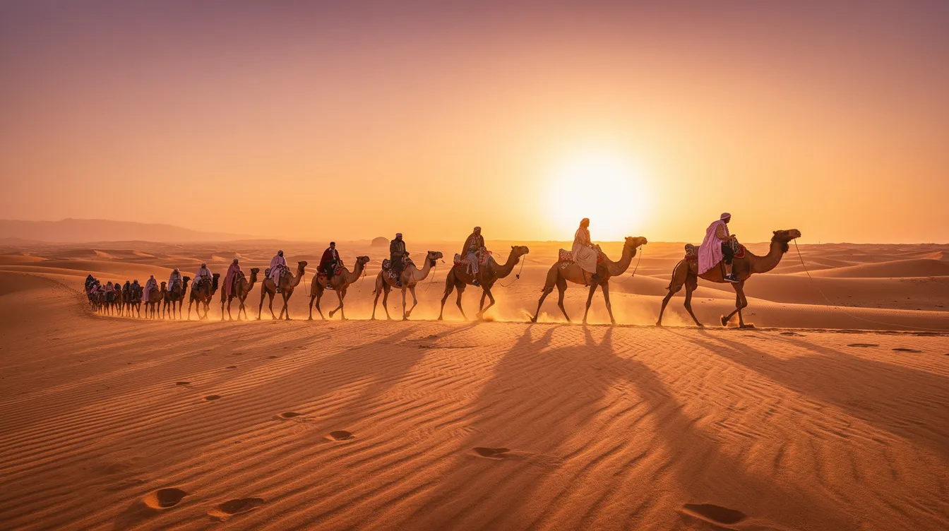 A camel caravan traverses the golden sand dunes of the Sahara Desert at sunset, with a warm orange sky casting a beautiful glow over the scene. This image captures the essence of a Morocco trip, highlighting the serene and breathtaking landscapes that await visitors exploring the desert region.
