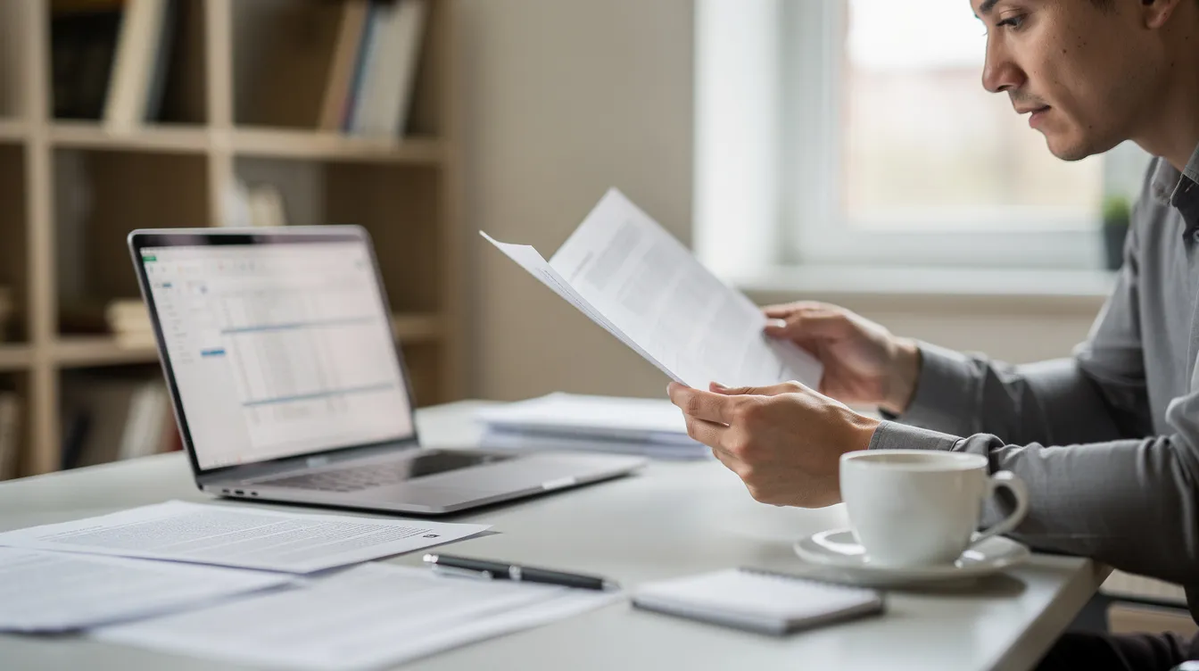 A person is sitting at a desk, intently comparing documents while a laptop and a coffee cup are nearby, suggesting a focus on managing personal and business finances, possibly related to a dropshipping business. The scene reflects the importance of organizing legal documents and understanding the structure of a limited liability company (LLC) for effective business operations.