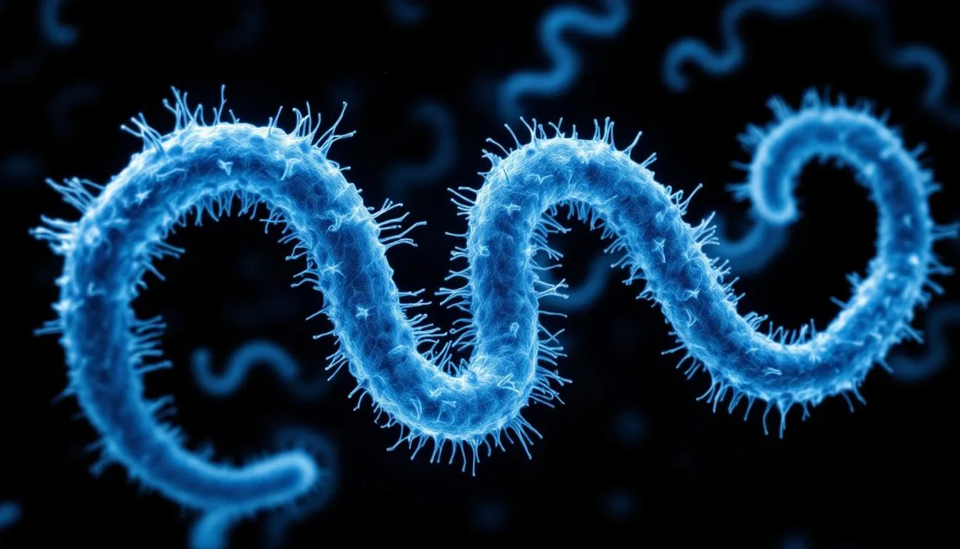 A microscopic view reveals spiral-shaped Leptospira bacteria, which are responsible for causing leptospirosis in dogs and other animals. This infectious disease can lead to severe clinical signs such as acute kidney injury and liver dysfunction, emphasizing the importance of disease control and vaccination in veterinary medicine.