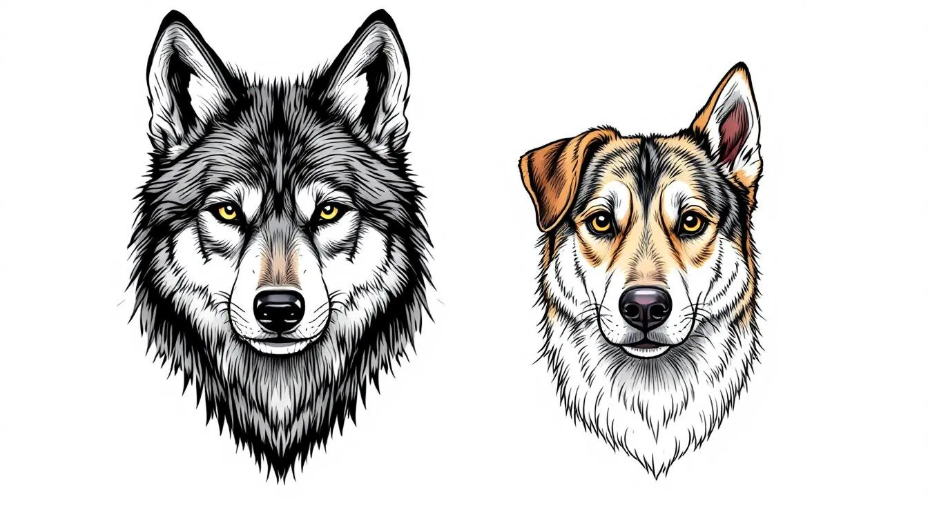 In this image, a side-by-side comparison illustrates the facial differences between a wolf and a domestic dog, showcasing features like large eyes, round faces, and floppy ears that contribute to the cute appearance of our furry companions. The visual highlights how selective breeding has enhanced these child-like characteristics, triggering nurturing instincts in humans and reinforcing the strong bond between pet owners and their adorable dogs.