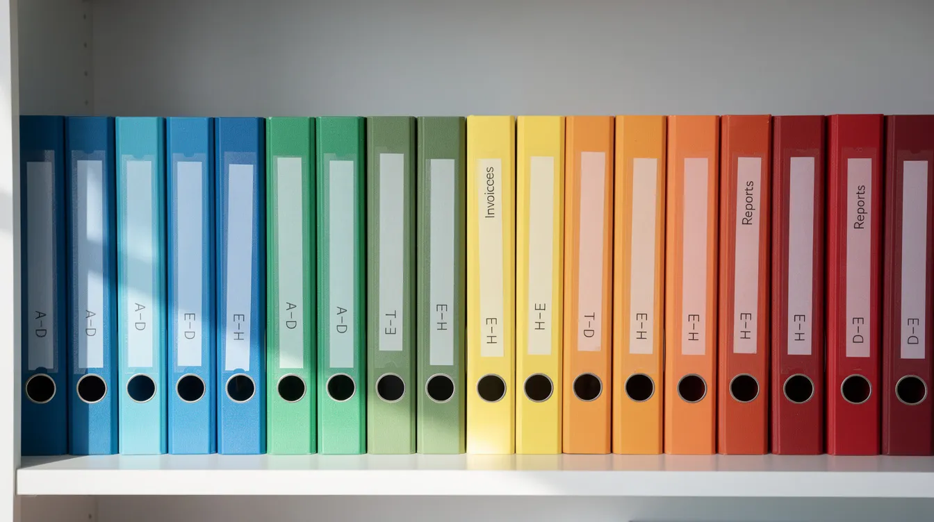 The image depicts an organized filing system featuring color-coded folders neatly arranged, designed to help manage important documents such as medical records, tax documents, and vital records. This efficient document organizer allows users to easily access and categorize essential papers, ensuring everything is stored securely and remains clutter-free.