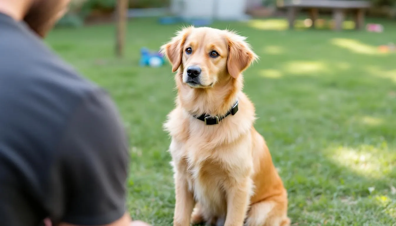 A miniature golden retriever is attentively engaged in a training session, showcasing its focus and intelligence with a bright expression. This mini golden retriever demonstrates the affectionate nature and eagerness to learn that make it a beloved companion for families.