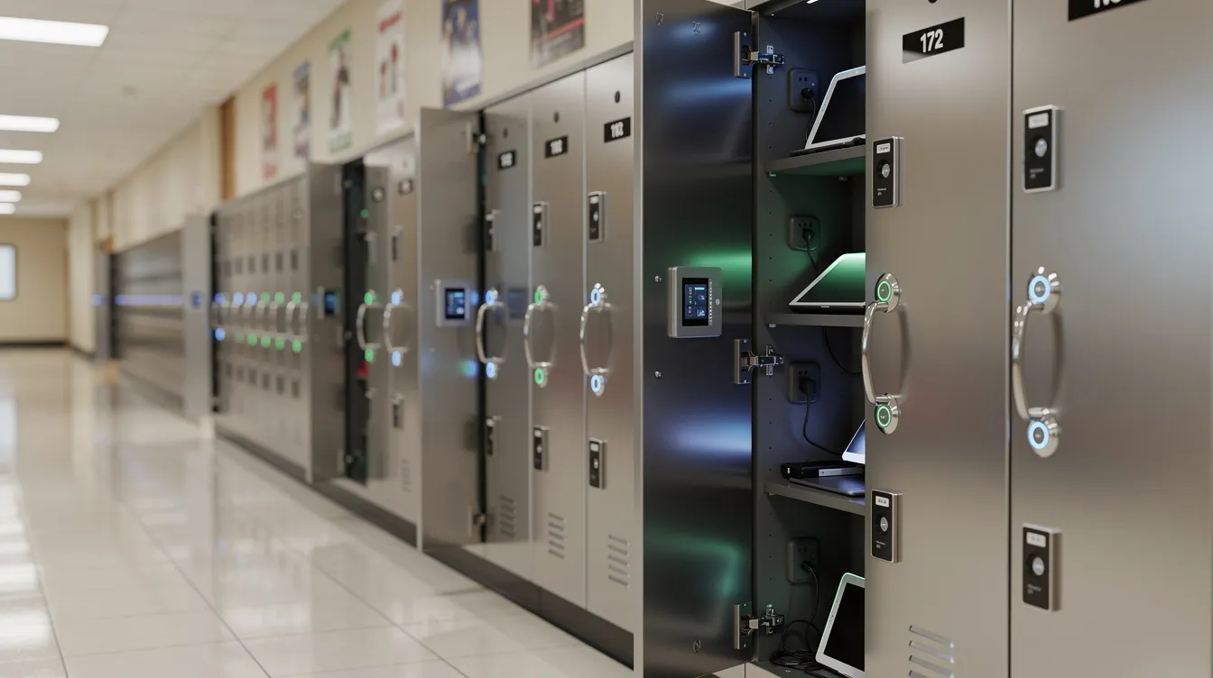 The image shows a row of steel smart locker bays in a school hallway, each equipped with a small LED light and a numbered label. Some doors are open, revealing multiple devices securely stored inside, highlighting the charging solution for mobile devices like Chromebooks.