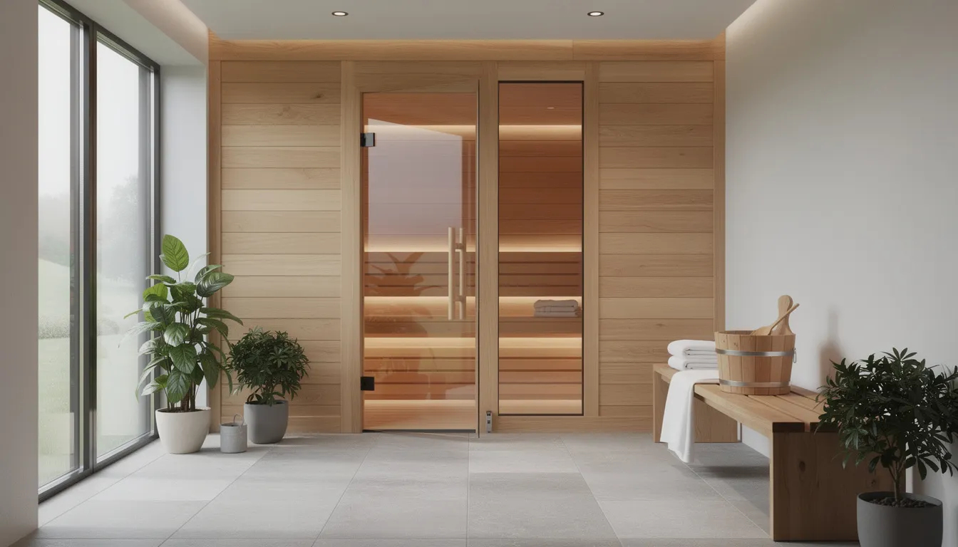 The image features a modern wooden sauna cabin elegantly placed in a home wellness room, designed for infrared sauna therapy. This serene setting highlights the benefits of infrared heat for improved circulation, pain relief, and overall well-being, making it an inviting space for relaxation and rejuvenation.