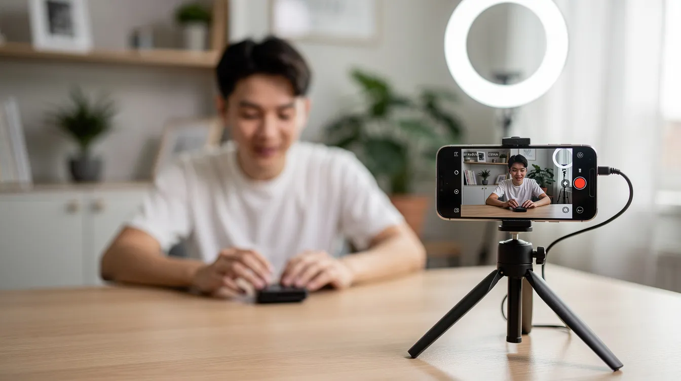 Eine Person filmt ein Produktdemonstrationsvideo mit einem Smartphone auf einem kleinen Stativ, in dem ein Artikel für ihr Dropshipping-Geschäft vorgestellt wird. Dieser ansprechende Inhalt zielt darauf ab, organischen Traffic anzuziehen und Kundenbeziehungen über soziale Medienplattformen aufzubauen.