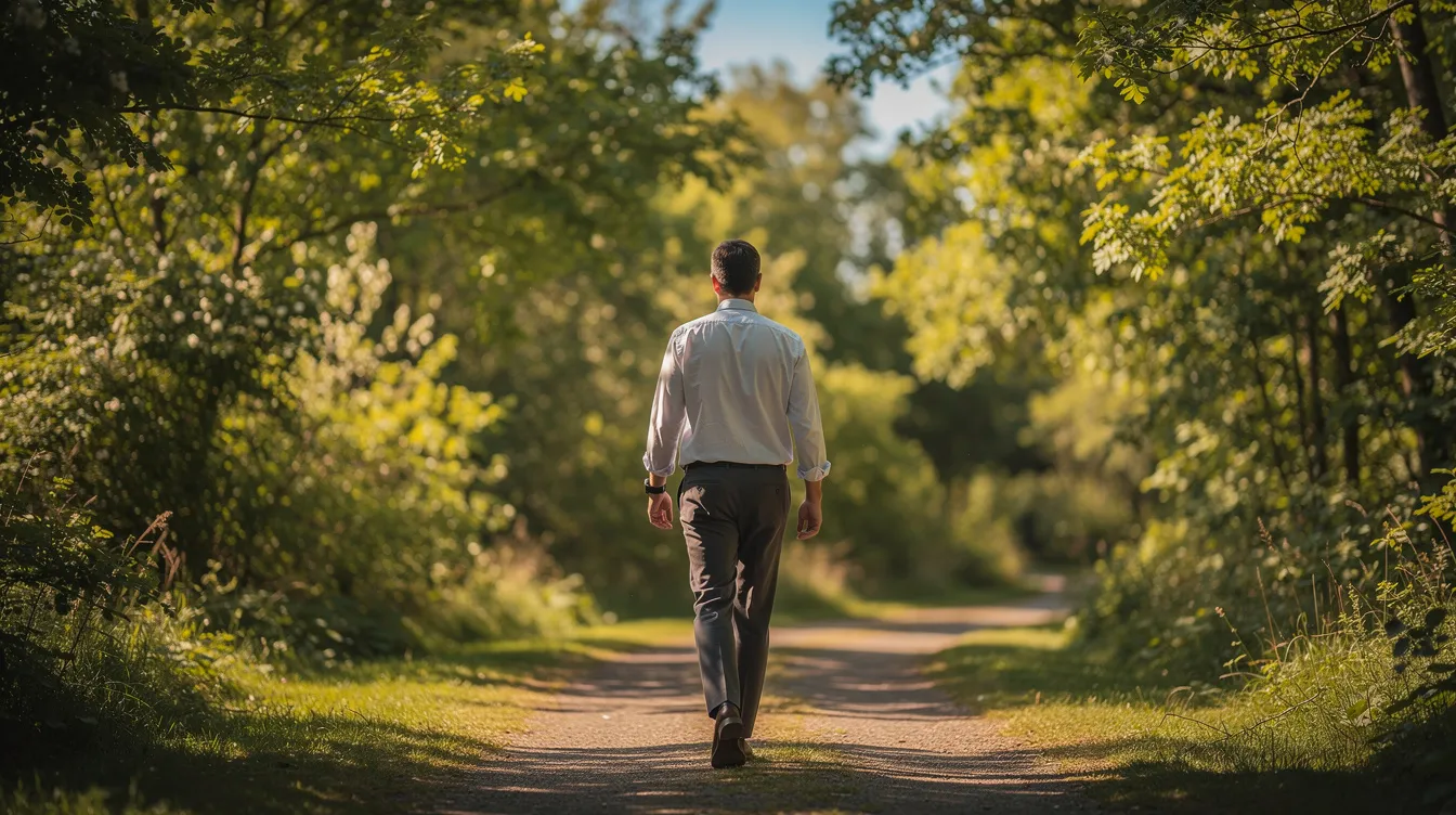 A person is enjoying a peaceful walk outdoors during a work break, surrounded by trees and sunlight. This moment highlights the importance of positive mental health and managing workplace stress, contributing to overall well-being.