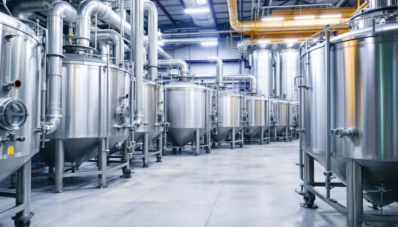 The image depicts a biofuel production facility featuring large processing tanks and various equipment used in the palm oil industry. This facility is integral to the sustainable production of palm oil and other vegetable oils, supporting the global demand for edible oils while ensuring environmentally responsible practices.