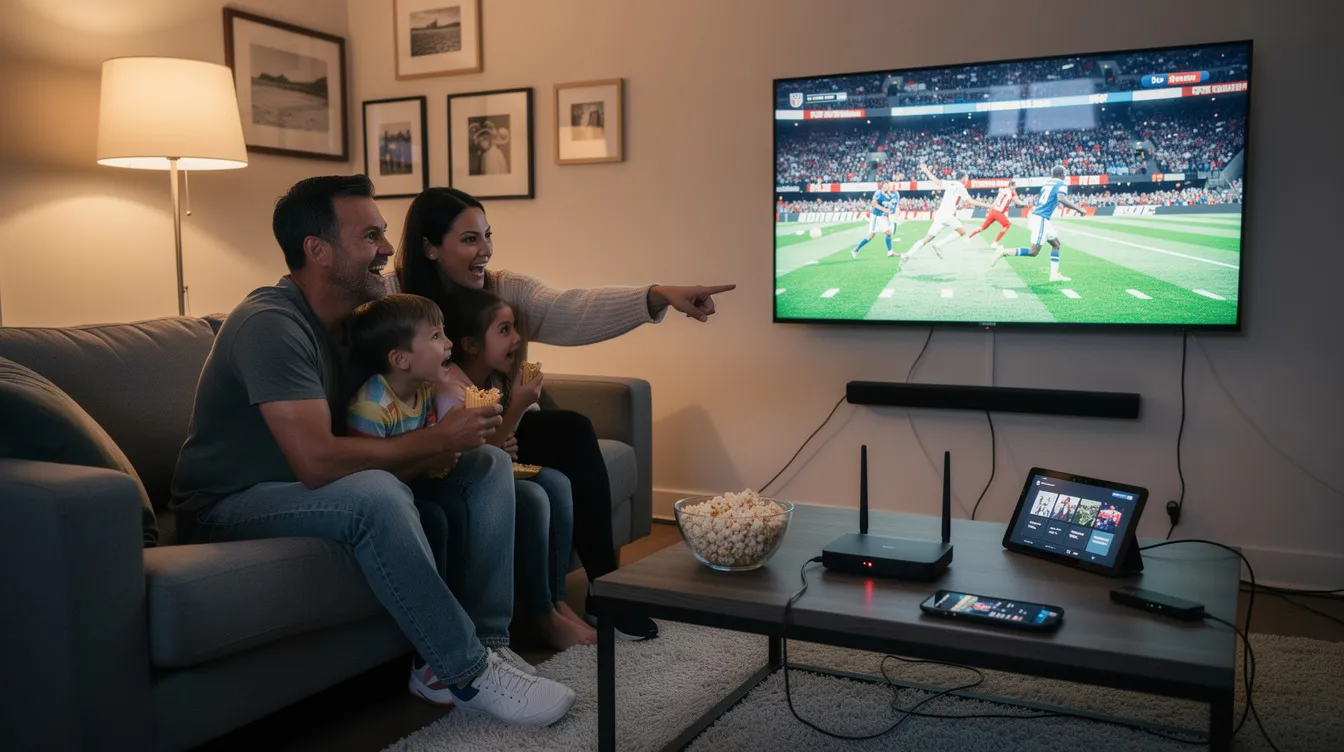 A family is gathered in their living room, watching a sports event on a smart TV, with various streaming devices placed nearby. The scene captures the excitement of live TV, highlighting the enjoyment of premium entertainment during a free IPTV trial, perfect for accessing HD channels and on-demand content.