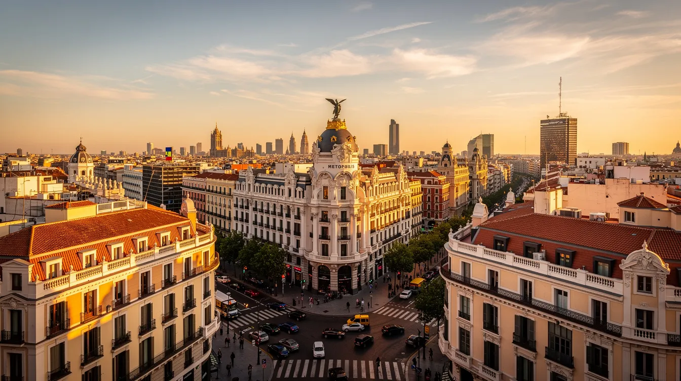 A imagem retrata uma vista deslumbrante de Madrid, com seus edifícios históricos e modernos, destacando-se o Palácio Real e os vibrantes centros culturais da cidade. O céu azul e as ruas movimentadas refletem a qualidade de vida e a rica cultura da capital espanhola.