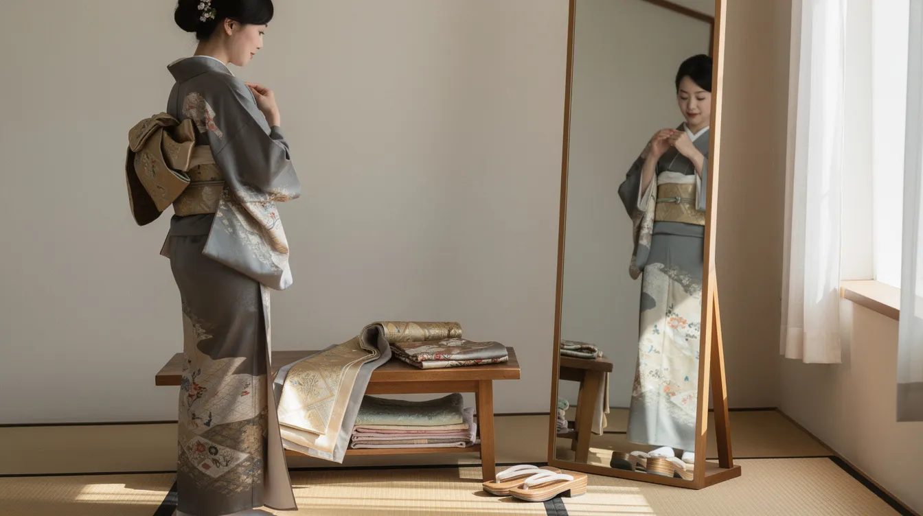 A person is preparing to wear a traditional kimono, standing in front of a full-length mirror with bright colors and intricate patterns. Nearby, folded fabric and sandals are arranged, showcasing elements of Japanese culture and the art of dressing in formal wear.