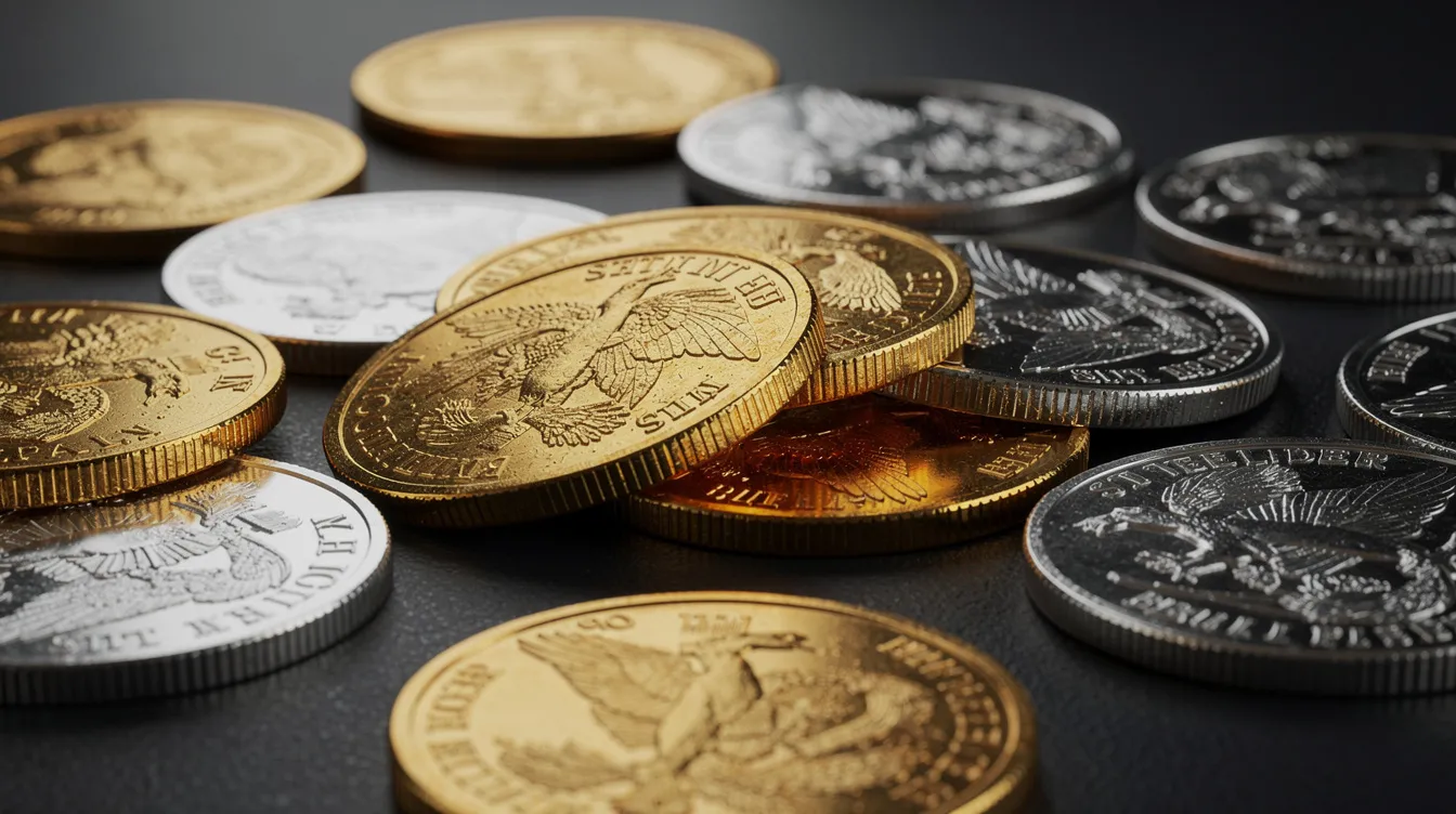 The image showcases an array of gold and silver bullion coins meticulously arranged on a dark surface, highlighting the allure of physical precious metals as a solid investment option. This visual representation emphasizes the significance of precious metals in diversifying retirement portfolios and navigating market volatility.