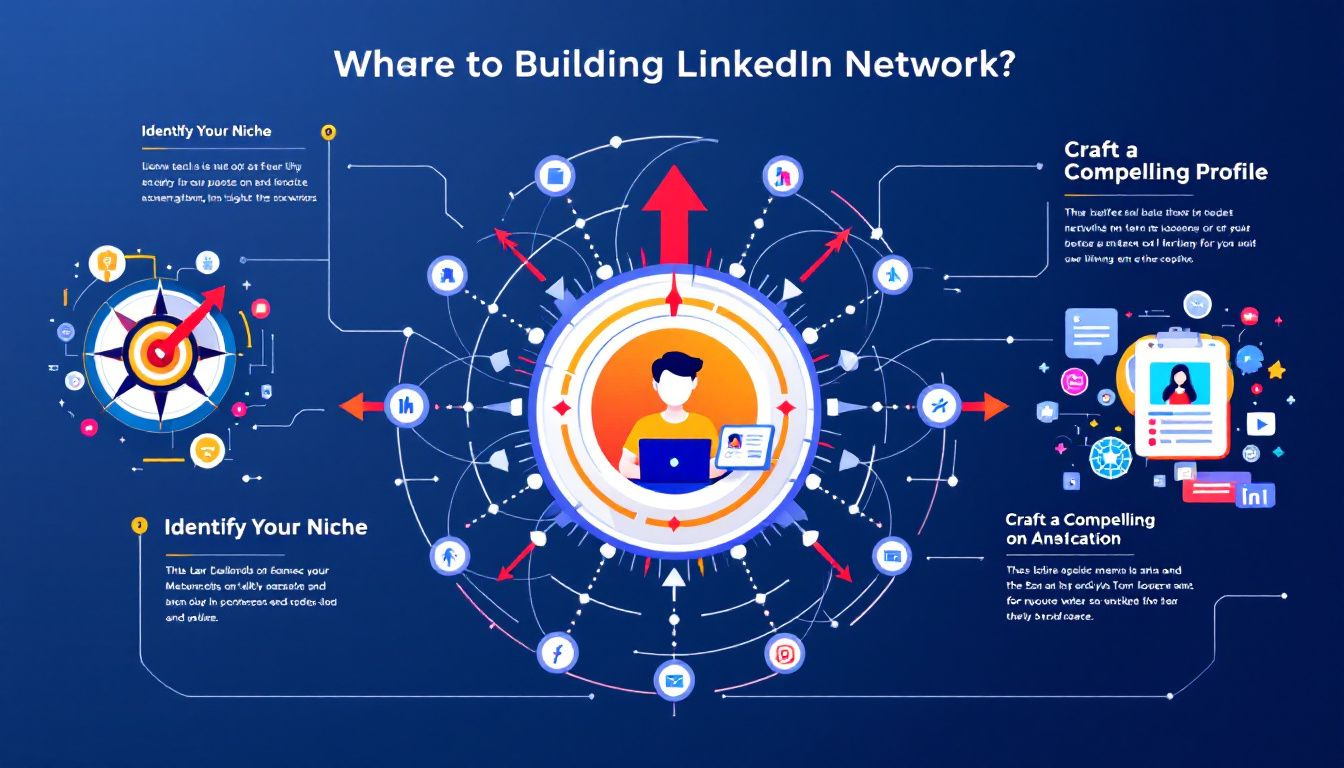 A visual representation of building a LinkedIn network through connections and groups.