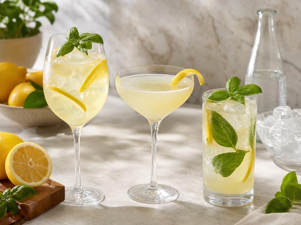 Three limoncello cocktails with lemon, basil, and sparkling mixers.
