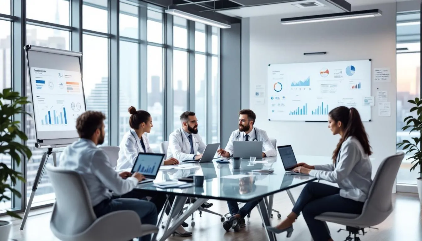 A group of healthcare professionals is seated around a modern conference table, engaged in a discussion about strategic healthcare marketing. Laptops and charts displaying marketing strategies and data relevant to the healthcare industry are visible, highlighting their focus on improving patient engagement and healthcare success. A group of healthcare professionals is seated around a modern conference table, engaged in a discussion about strategic healthcare marketing. Laptops and charts displaying marketing strategies and data relevant to the healthcare industry are visible, highlighting their focus on improving patient engagement and healthcare success.