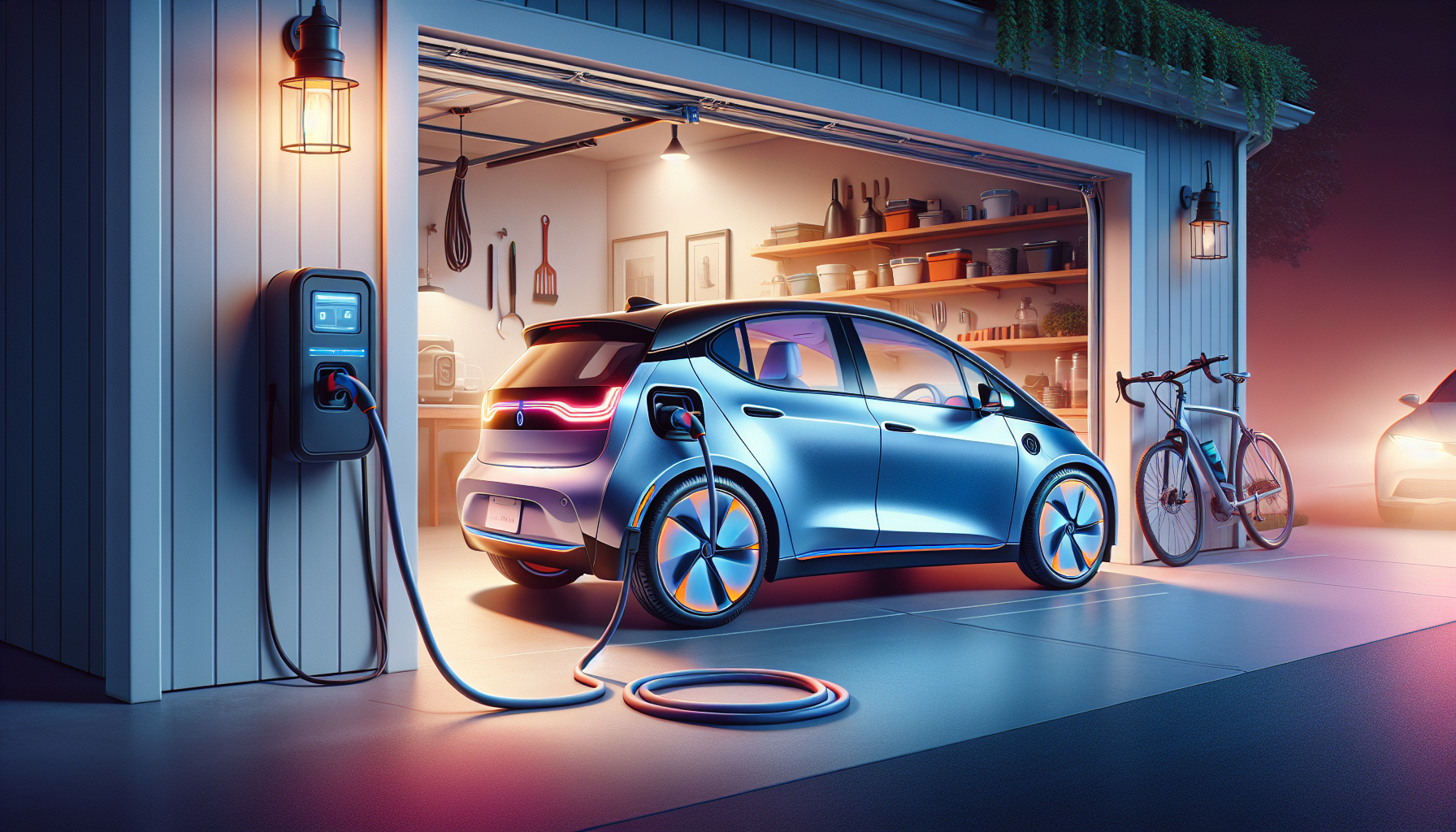 Illustration of an electric car being charged at home