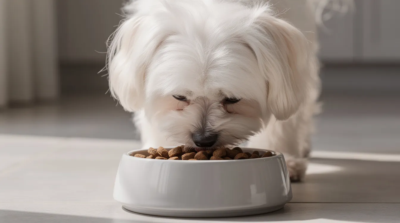 A fluffy Coton de Tulear is happily eating high-quality dog kibble from a bright dog bowl, showcasing its cotton-like coat and playful nature. This small dog, known for being an excellent family pet, enjoys its meal in a cozy indoor setting.