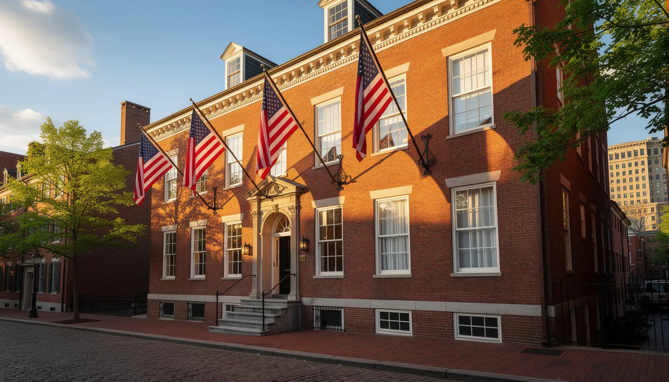 The image shows a historic brick building in downtown Boston adorned with American flags, basking in the sunlight of a clear morning. This iconic structure reflects the city's rich history and vibrant atmosphere, inviting visitors to explore its surroundings.