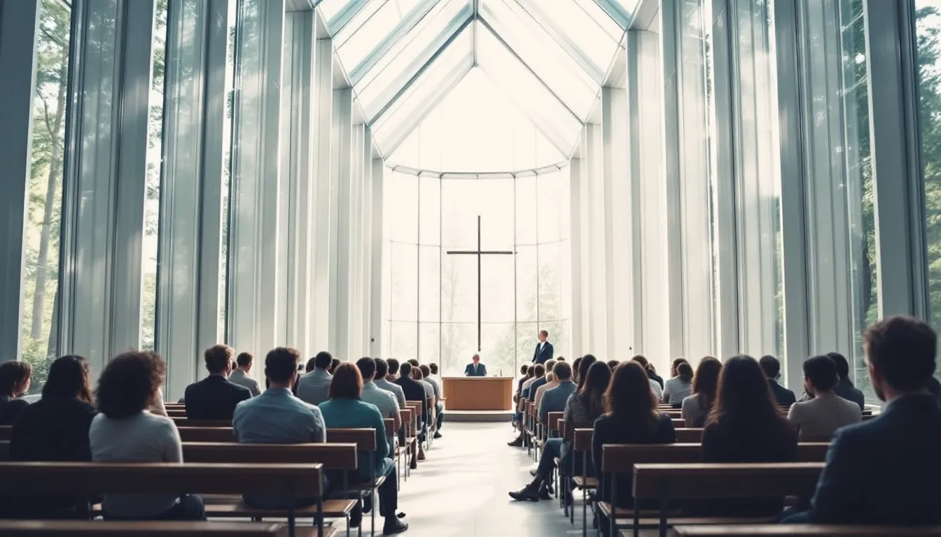 Visitors are seated in quiet contemplation inside Thorncrown Chapel, a serene glass-walled structure nestled in the forest of northeast Arkansas. The tranquil atmosphere invites reflection and connection with nature, making it a popular destination for those exploring the beauty of Eureka Springs.