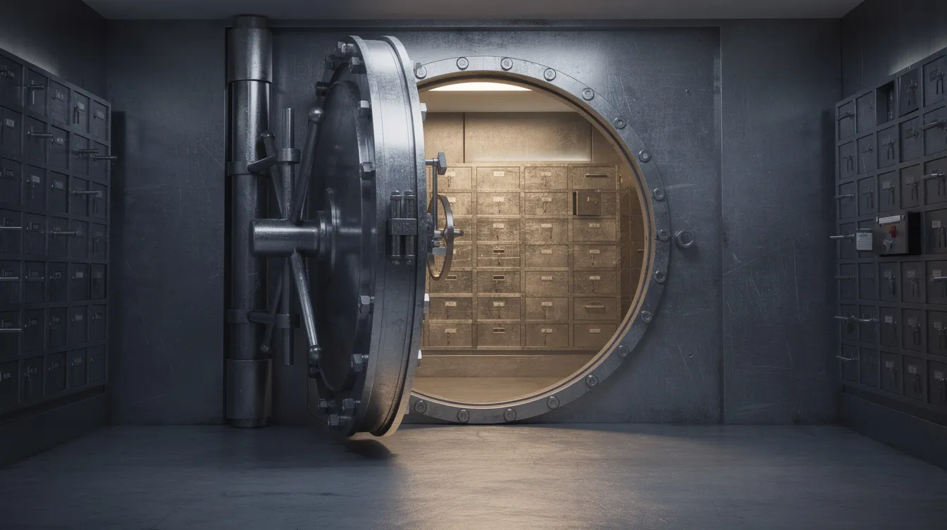 The image shows a heavy vault door partially open, revealing rows of safety deposit boxes inside, which may contain valuable items such as gold and silver coins. This setting symbolizes the secure storage options offered by the precious metals market for investments like physical gold and gold IRAs.