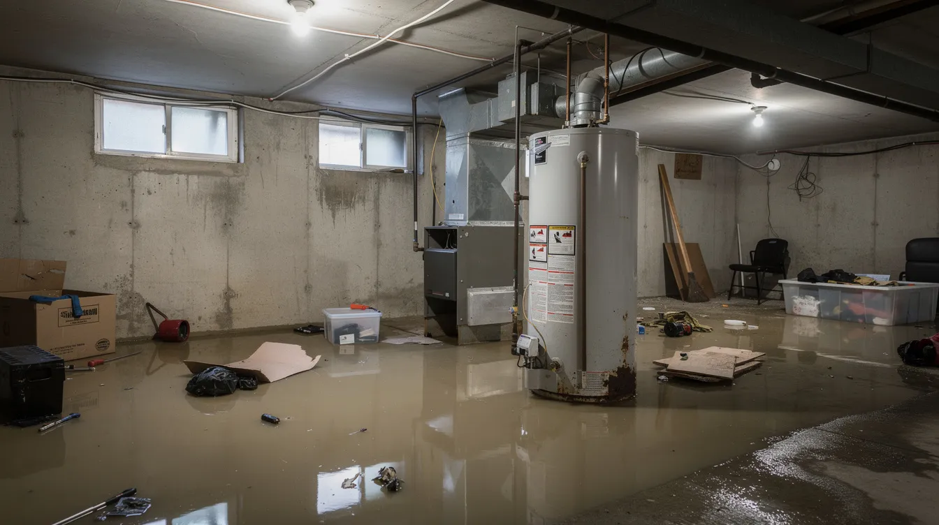 The image depicts a flooded residential basement with standing water surrounding a water heater and various utility equipment, highlighting a common plumbing emergency. This situation may require immediate plumbing work to address issues such as burst pipes and prevent further damage to the waste disposal system.