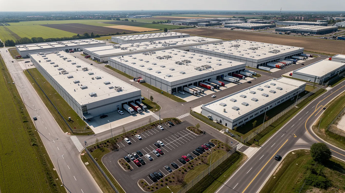 An aerial view showcases a sprawling industrial warehouse complex featuring multiple flat-roofed buildings, highlighting the extensive roof structures that are common in commercial properties. The image emphasizes the flat roofing systems, which are essential for effective drainage and energy efficiency in large-scale installations.