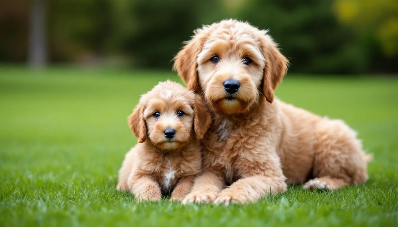 An adorable mini goldendoodle puppy sits next to a full grown mini goldendoodle, showcasing their size progression. The contrast highlights the charming nature and compact size of this hybrid breed, which is known for its affectionate personality and low shedding coat.