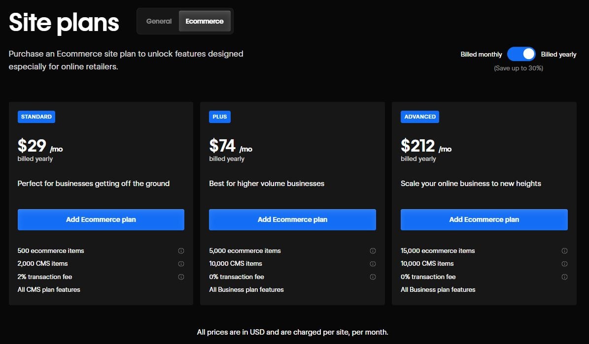 Webflow pricing for eCommerce