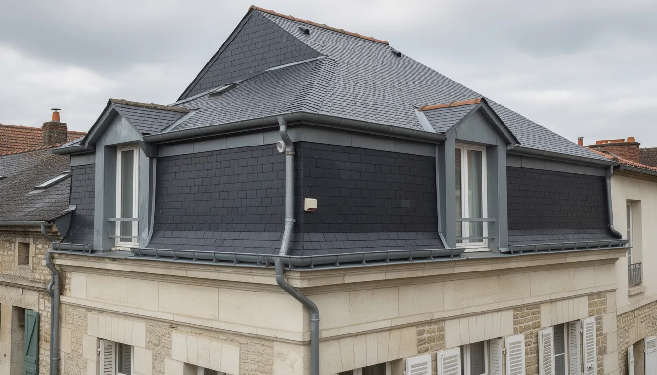 Une toiture en ardoise bien entretenue sur une maison traditionnelle nantaise, avec des gouttières en zinc qui ajoutent une touche d'élégance. Ce type de couverture témoigne du savoir-faire des couvreurs à Nantes, alliant esthétique et durabilité.