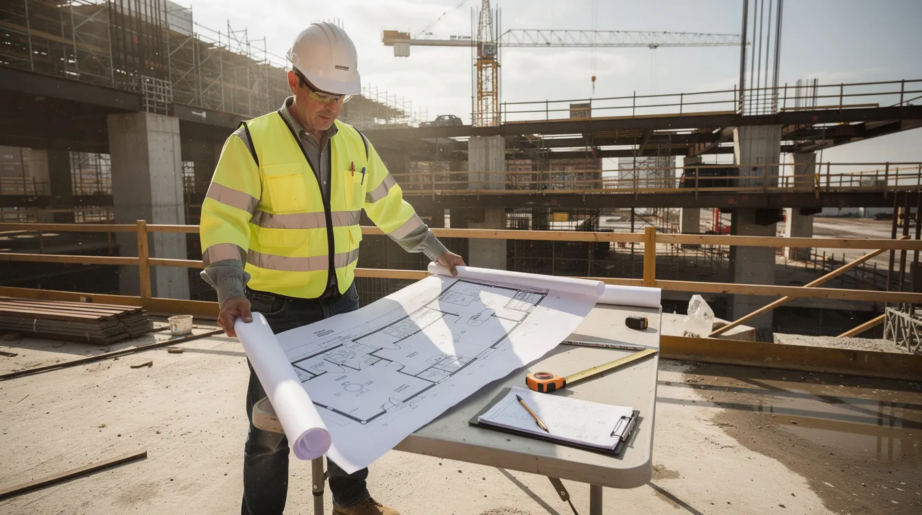 A construction engineer is on-site, intently reviewing detailed building blueprints, which are essential for planning construction projects. This analysis can help property owners maximize tax savings through strategies like cost segregation studies, leading to significant tax benefits and improved cash flow.