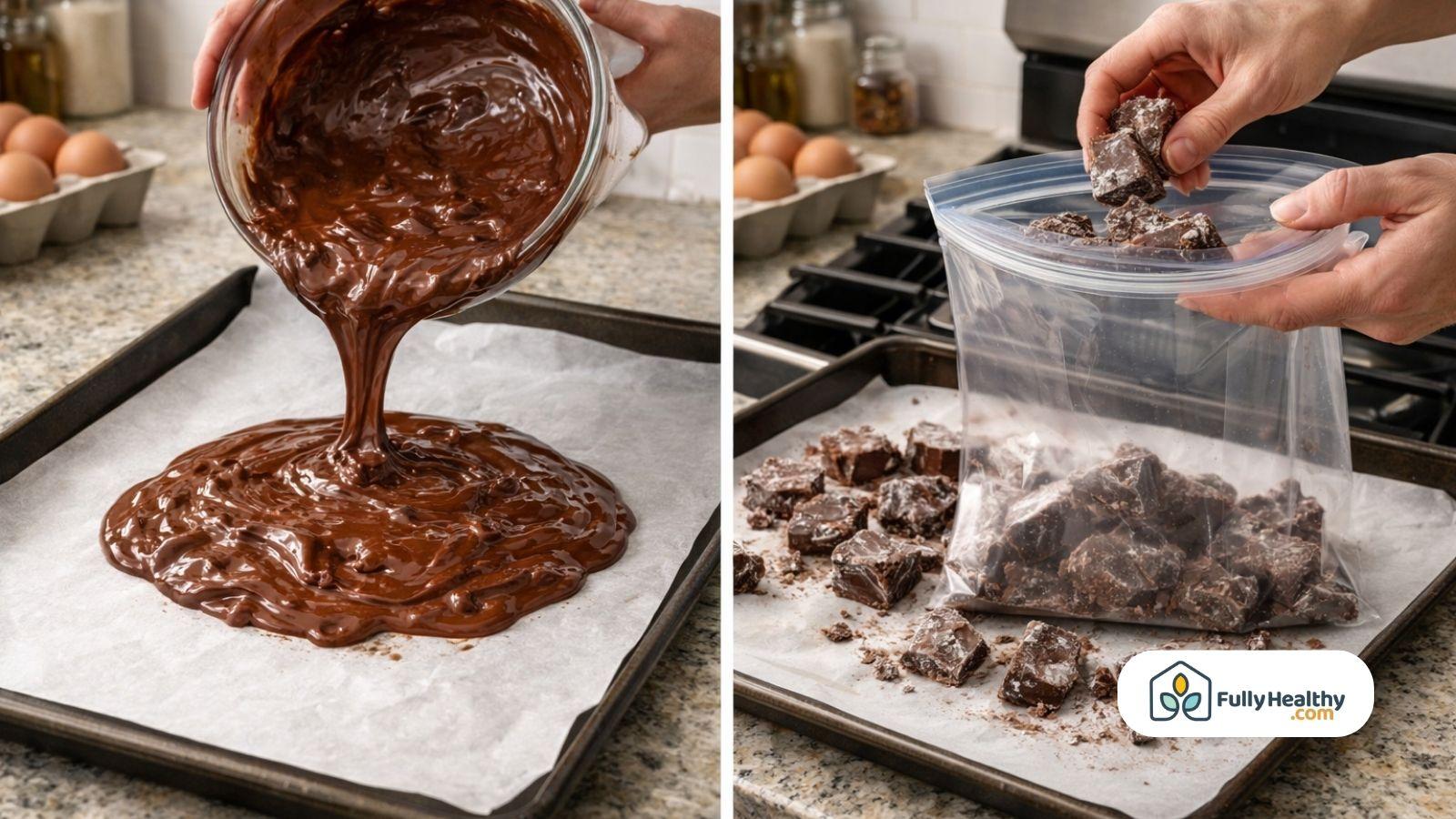 Pouring melted chocolate onto parchment and storing chunks in sealed bag