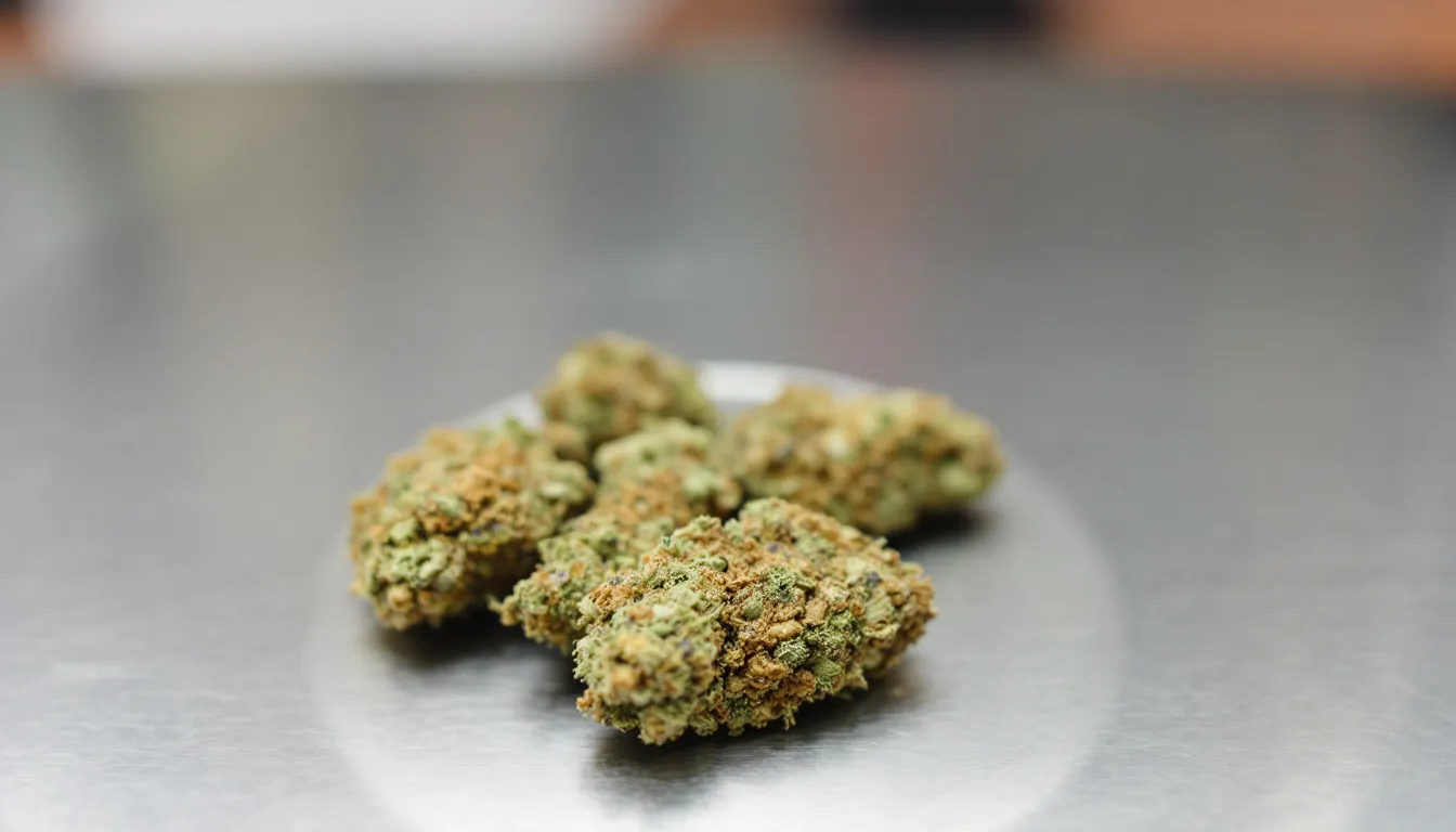 THC flower buds displayed on a wooden surface, with a focus on their texture.