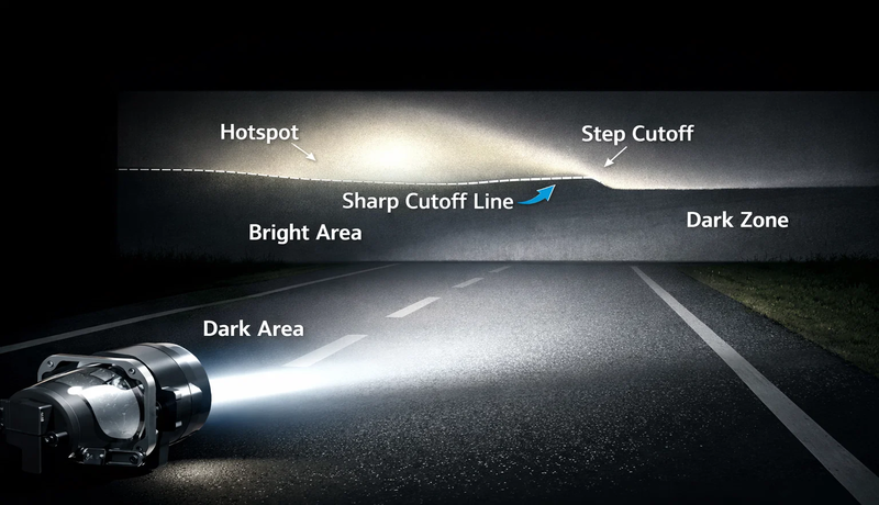 Bi-LED headlight diagram showing sharp low beam cut-off, step pattern, hotspot, and beam transition between low and high modes
