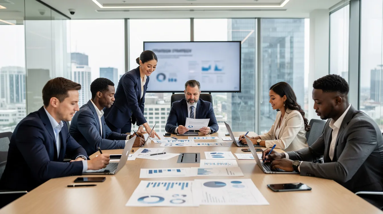 A diverse executive team is gathered around a sleek conference table in a modern office, reviewing strategy documents that likely include insights on integrating AI systems and enhancing operational efficiency through technologies like machine learning and natural language processing. The atmosphere indicates a focus on strategic planning and decision making to drive digital transformation within their enterprise.