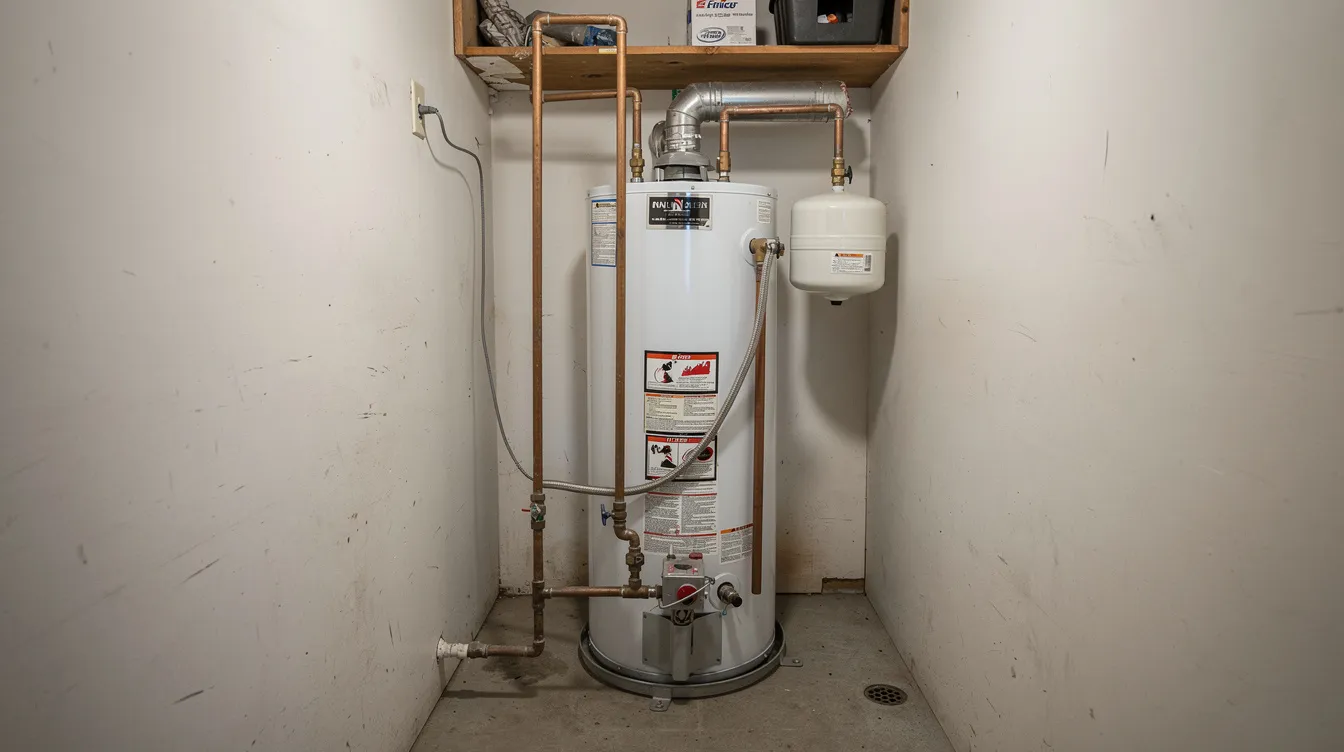 The image shows a traditional tank water heater installed in a residential utility closet, featuring copper piping connections. This setup is part of a plumbing system that ensures efficient hot water supply for homeowners, highlighting the importance of reliable plumbing services.
