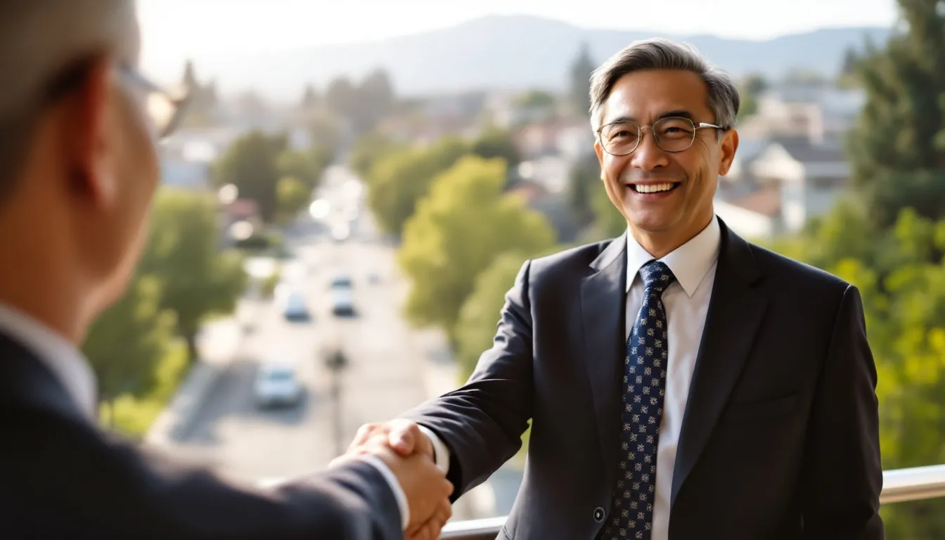 A happy client is shaking hands with a 65-year-old Asian male attorney in front of a scenic backdrop of Hawthorne, CA, symbolizing a successful partnership in navigating bankruptcy law and achieving financial freedom. The image captures a moment of gratitude and relief, reflecting the supportive services provided by experienced bankruptcy attorneys.