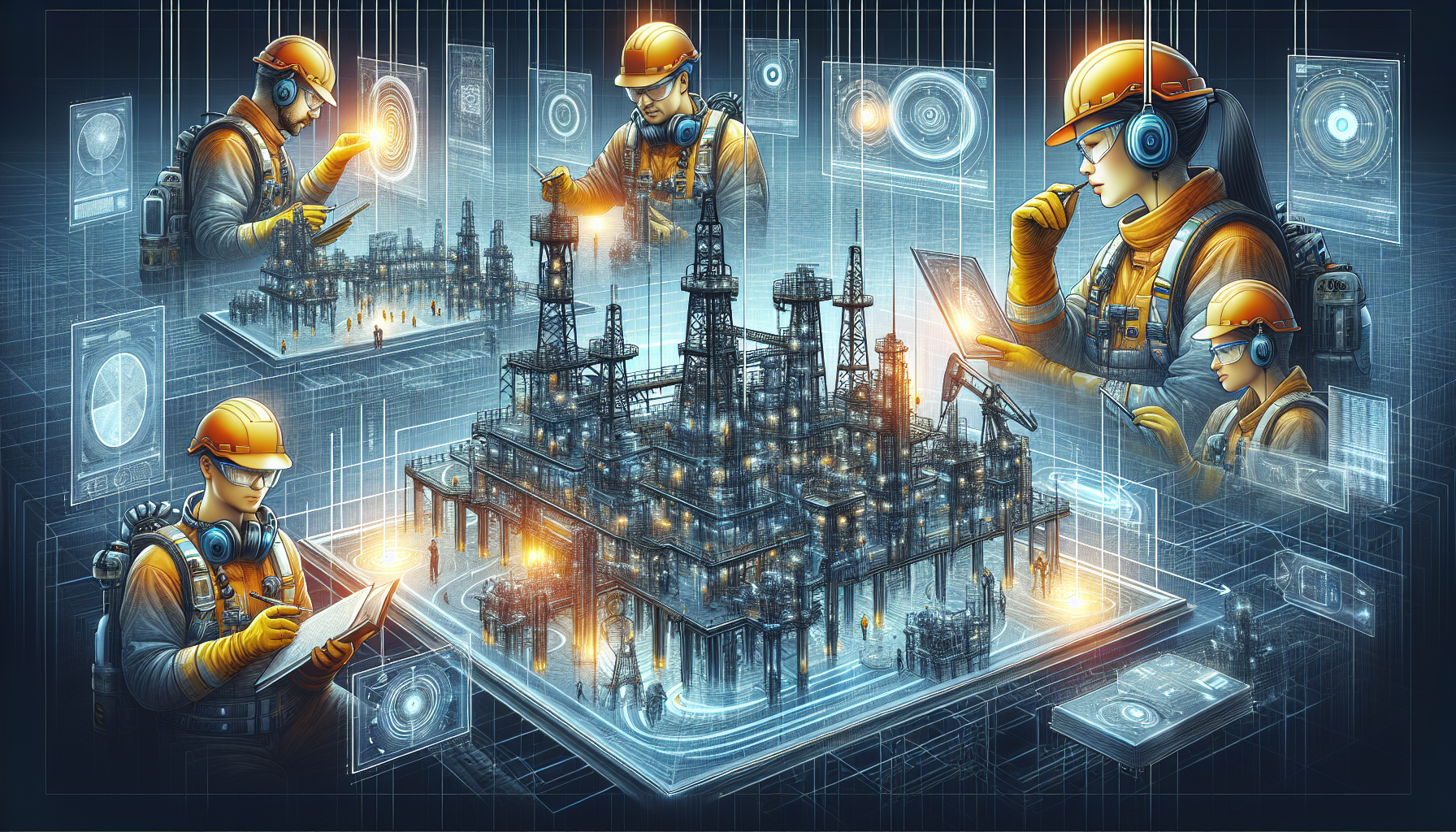 Illustration of reservoir engineers analyzing oil and gas reservoirs