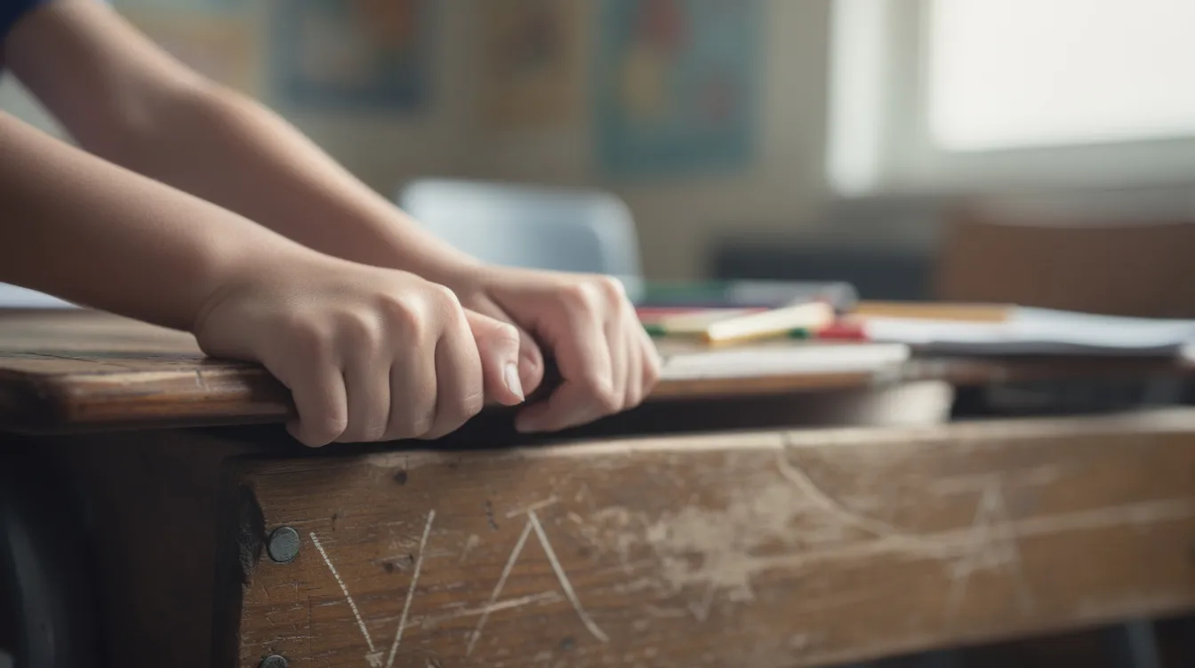 The image depicts a child's hands gripping the edges of a school desk tightly, illustrating the physical symptoms of anxiety as the child experiences excessive worry and tension in a stressful situation. This scene highlights how anxiety can affect a child's ability to focus and learn, reflecting the emotional struggles many children face in school environments.