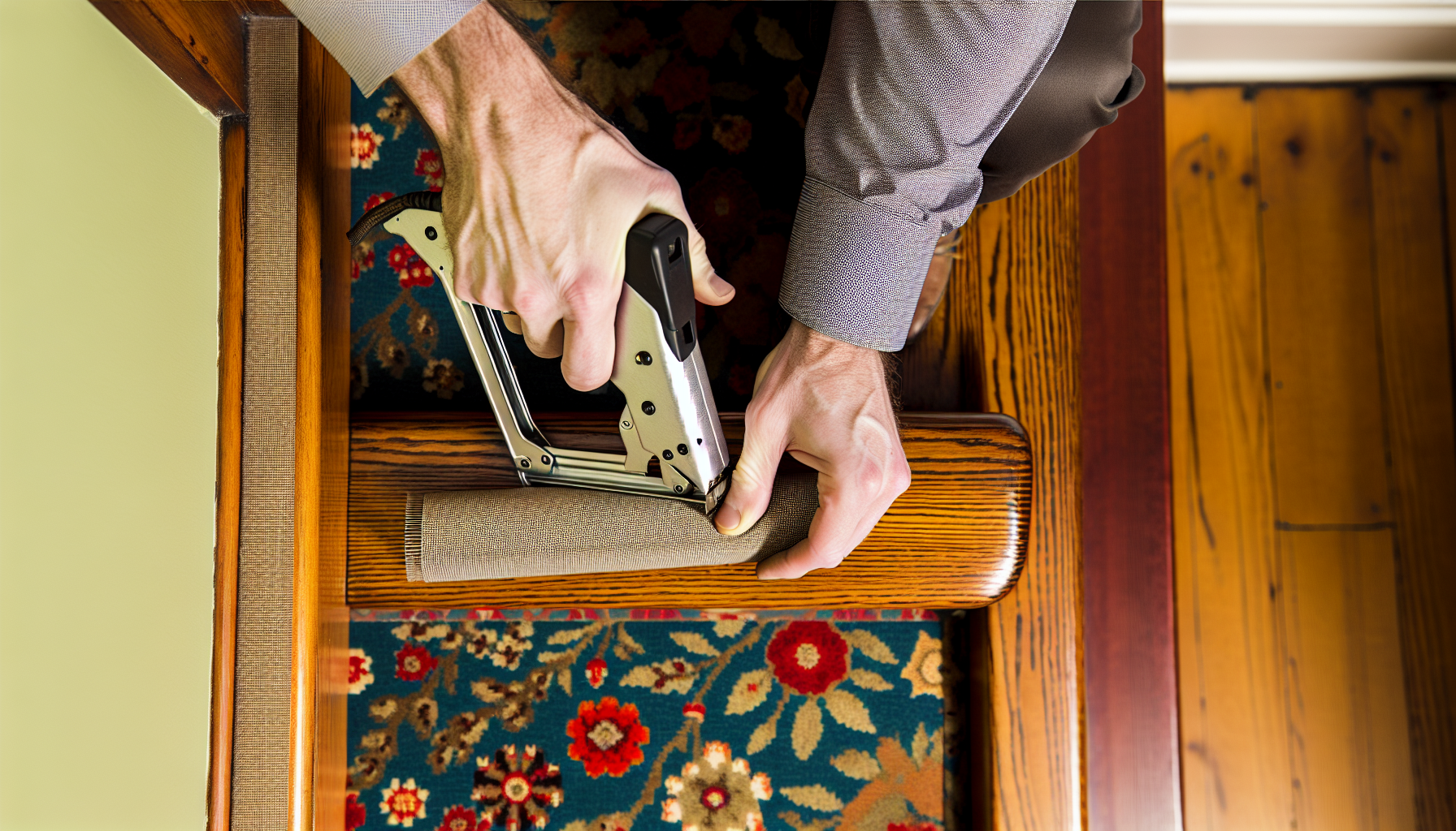 Staple gun being used to secure a stair runner