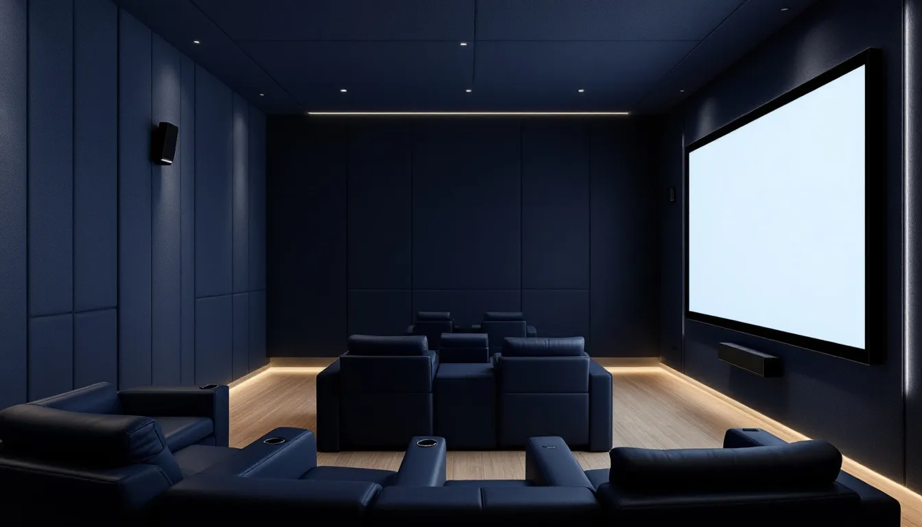 A beautifully designed home theater room showcasing a color scheme with navy blue and light colors.