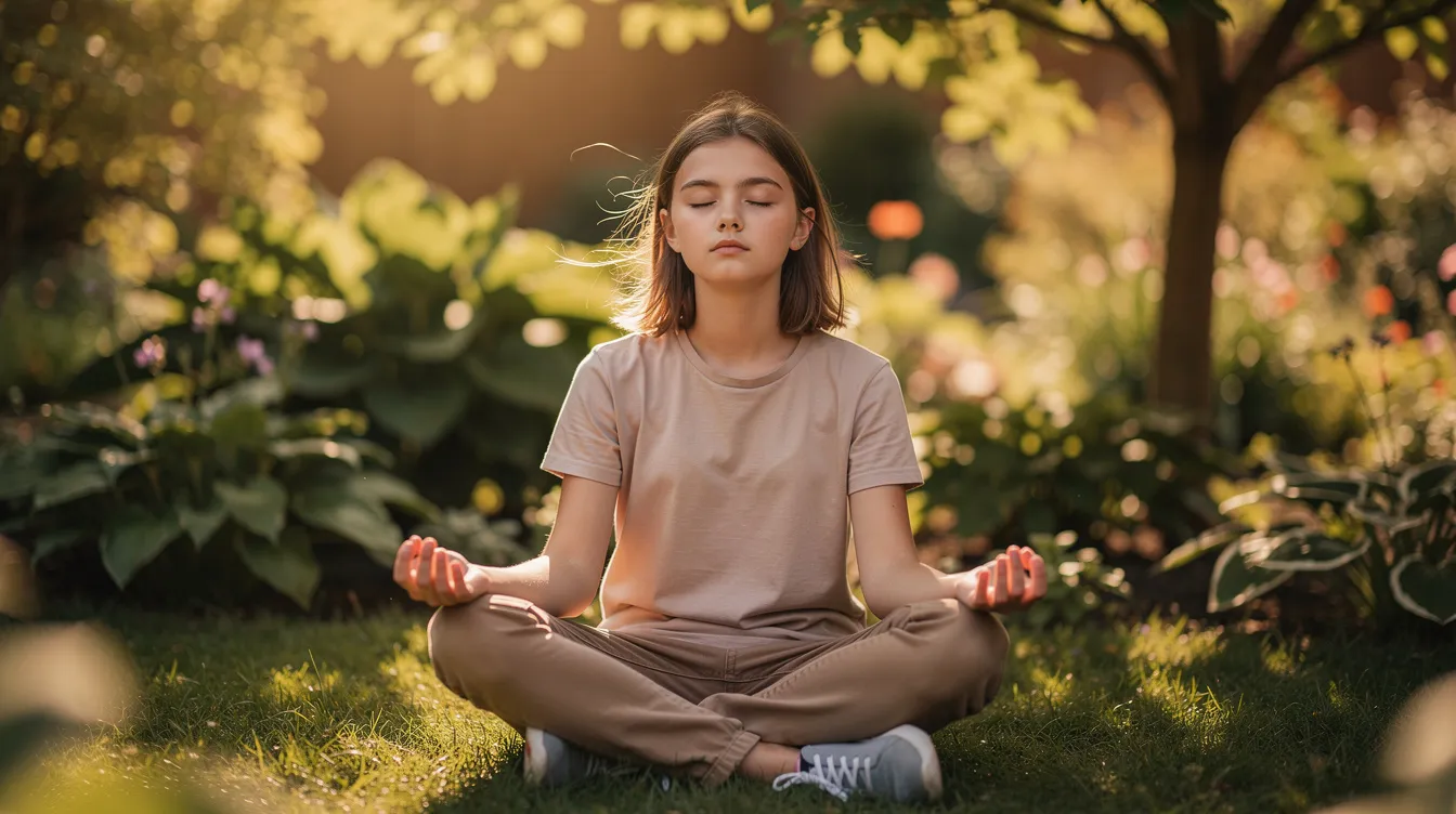A teenager sits peacefully in a lush garden with their eyes closed, practicing breathing exercises as a part of their healing journey. This serene moment reflects the importance of self-care and coping strategies in promoting emotional well-being and managing trauma symptoms.