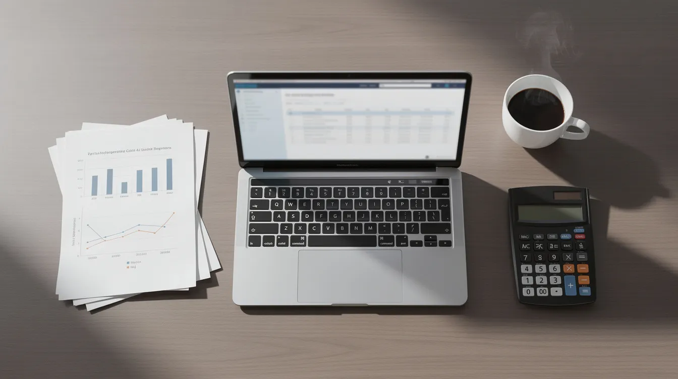 The image shows a professional desk setup featuring a laptop, a calculator, various documents, and a coffee cup, which could be used by a beneficiary micro unit entrepreneur planning to apply for a Mudra loan. This workspace reflects the environment where financial assistance and business planning for income-generating micro enterprises take place.
