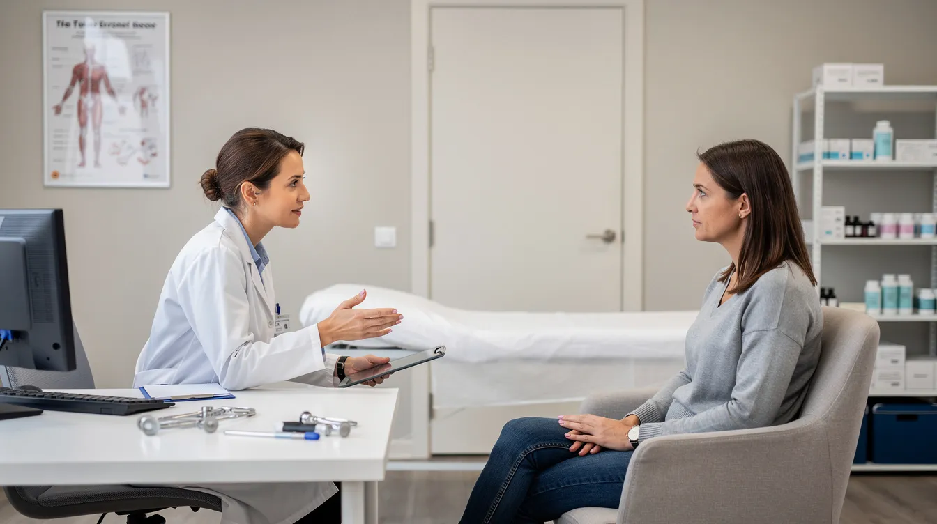 The image shows a person sitting in a medical consultation room, discussing their options with a healthcare professional regarding thigh lift surgery. The conversation likely focuses on addressing concerns about excess skin and fat, and the potential benefits of the thigh lift procedure for achieving smoother and more contoured thighs.