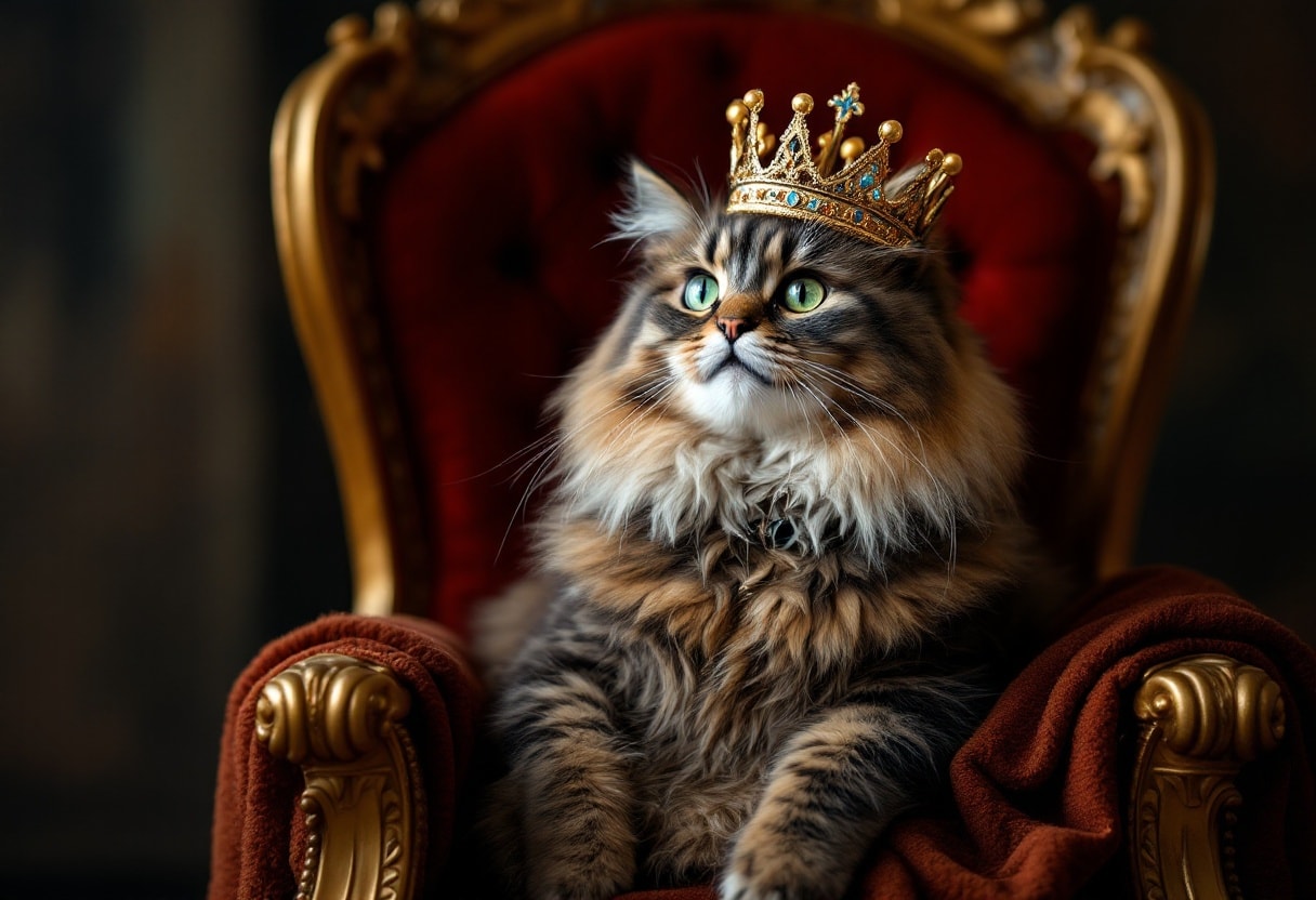 A cat wearing a crown and sitting on a throne.