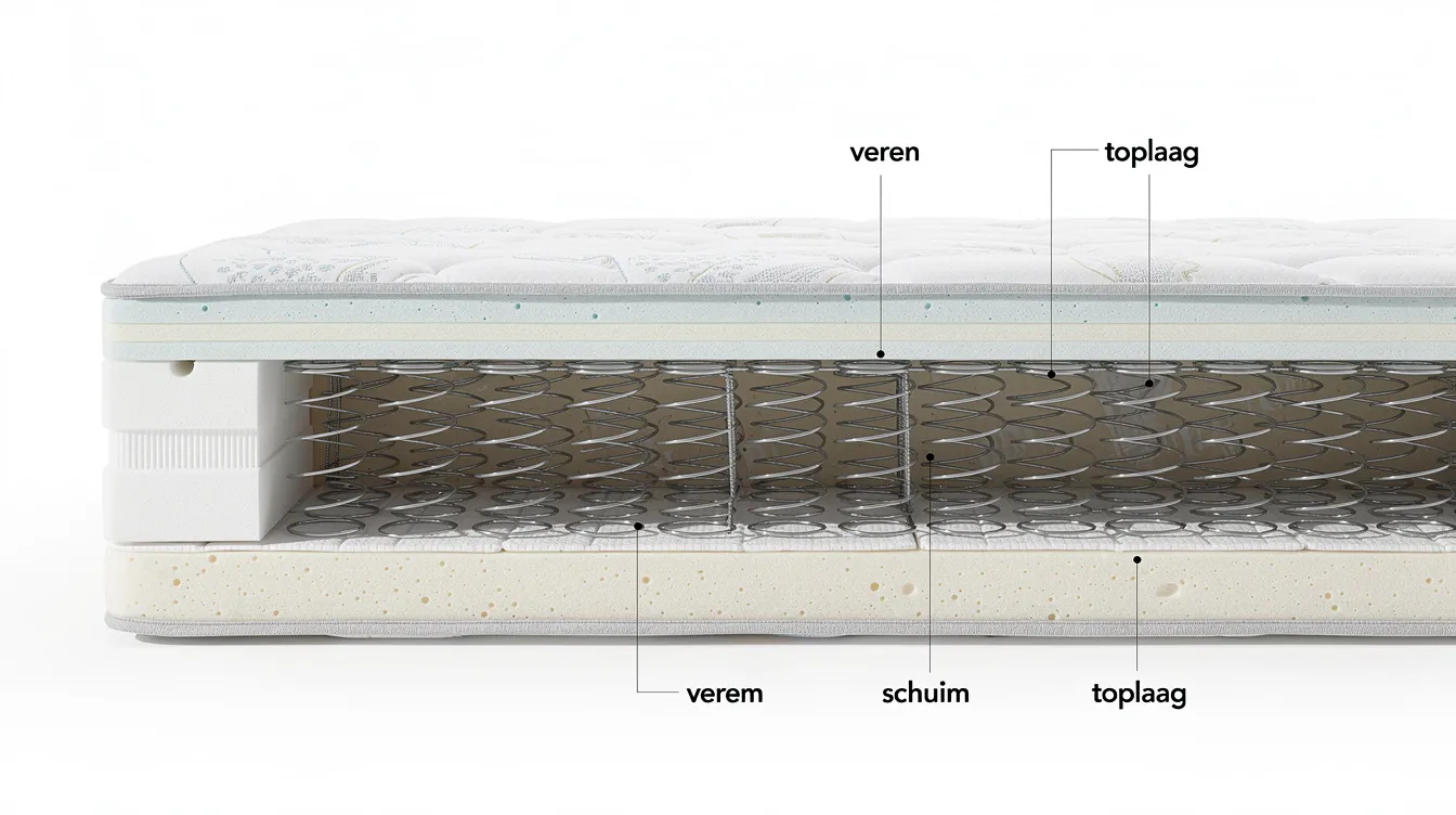 De close-up toont de verschillende lagen van een matras in dwarsdoorsnede, waaronder veren, schuim en een toplaag, die samen zorgen voor optimale ondersteuning en comfort. Deze lagen zijn essentieel voor een goede nachtrust, ongeacht je slaaphouding of persoonlijke voorkeuren.