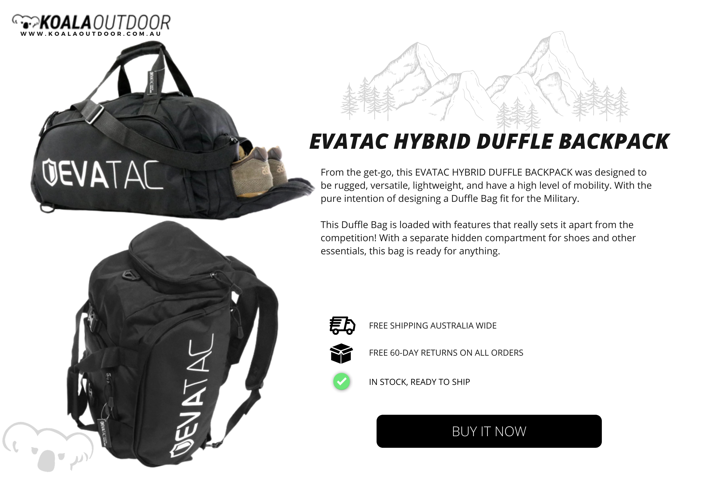 Evatac duffle backpack with shoe compartment