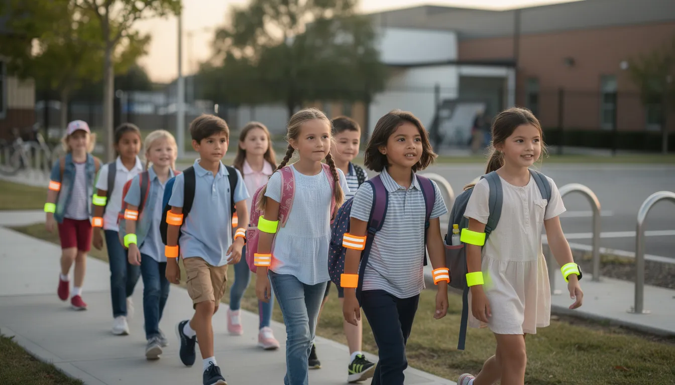 Na zdjęciu widać grupę dzieci szkolnych, które mają na sobie kolorowe opaski odblaskowe na rękach. Opaski te zwiększają ich widoczność i bezpieczeństwo podczas zabaw na świeżym powietrzu.