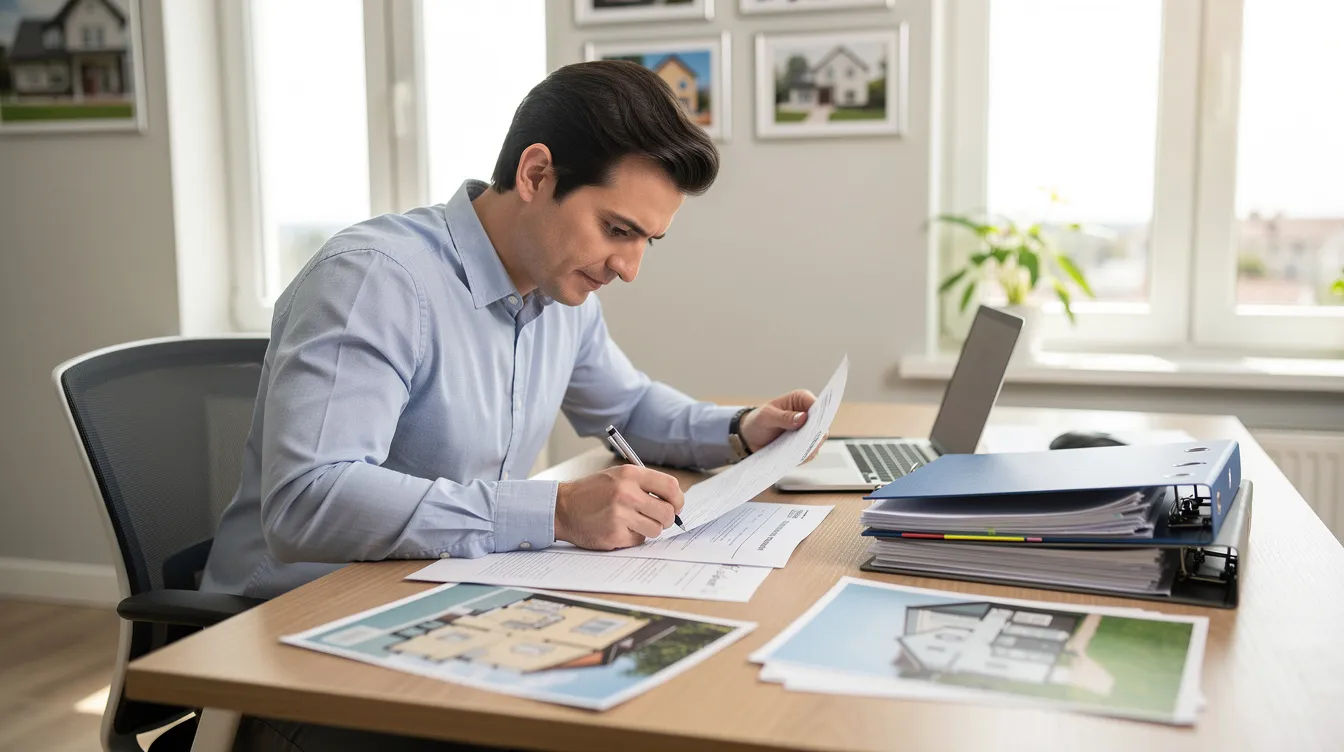 Une personne examine des documents immobiliers à un bureau, entourée de brochures et d'outils pour l'achat d'une maison. Cet instant illustre les étapes essentielles du processus d'achat, où la recherche et la prise de décisions sont cruciales pour devenir propriétaire.