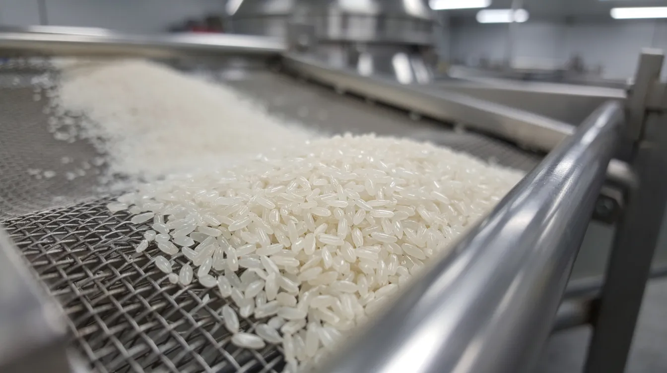 A close-up view of polished white rice grains being sorted on a vibrating screen inside a rice mill plant, showcasing the milling process that enhances rice quality. The image highlights the efficiency of food processing technology in ensuring uniformity and optimal rice production.